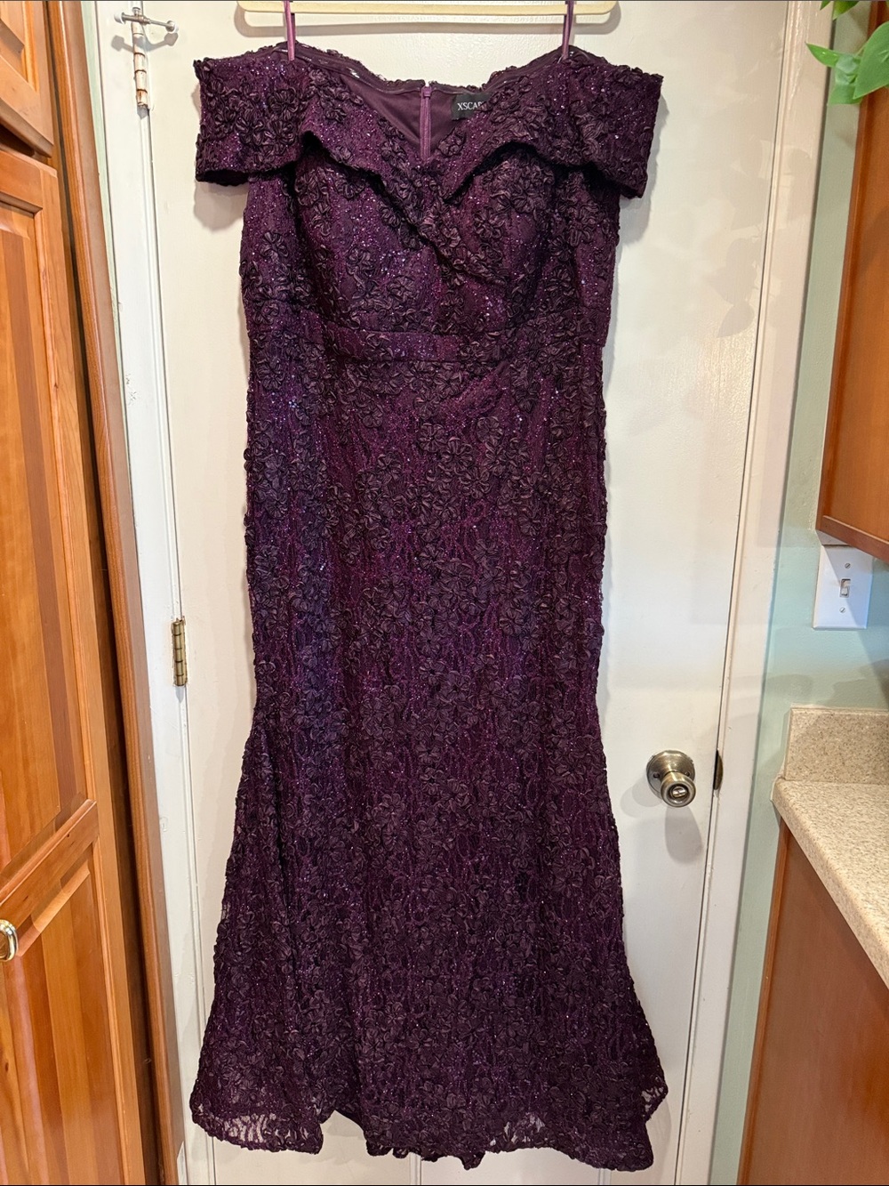 Xscape Floor-Length Off-The-Shoulder w/Embellished Lace Detail Fitted Silhouette